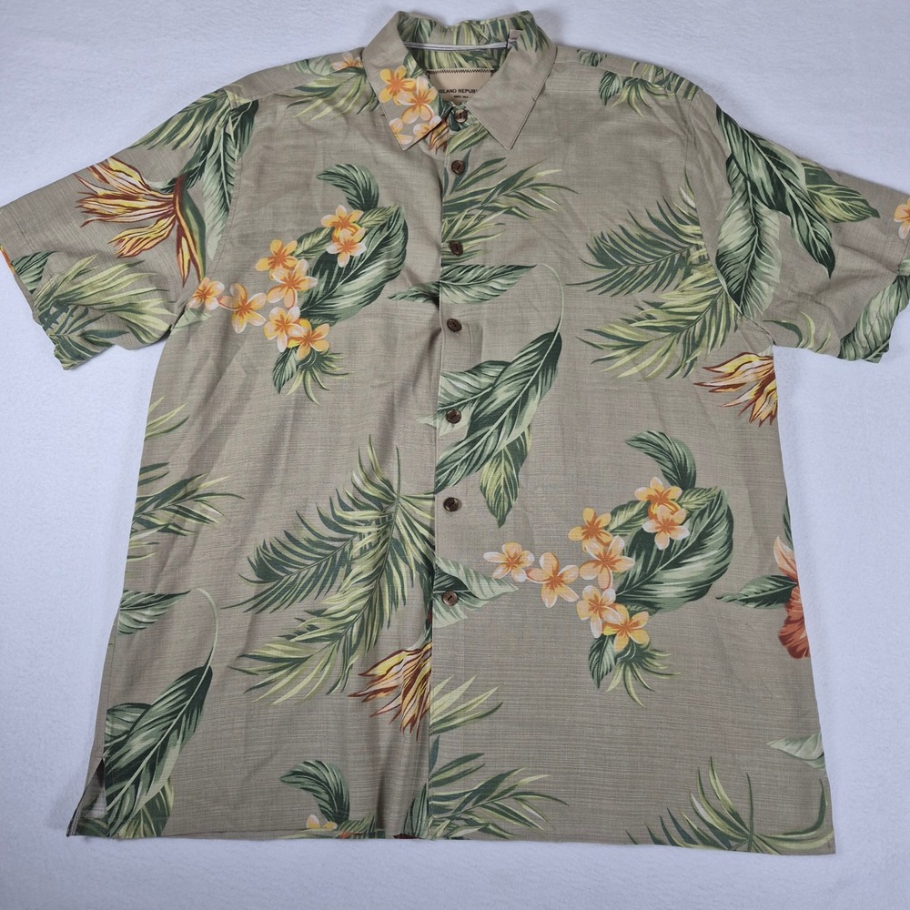 Island Republic Mens XXL 100% Silk Tropical Floral Palm Leaf Camp Shirt Tan